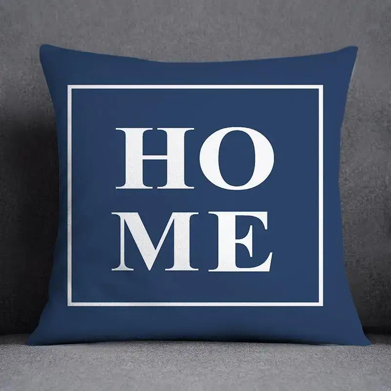 Modern navy blue square pillow with home printed in white featuring geometric floral design for living room cushion