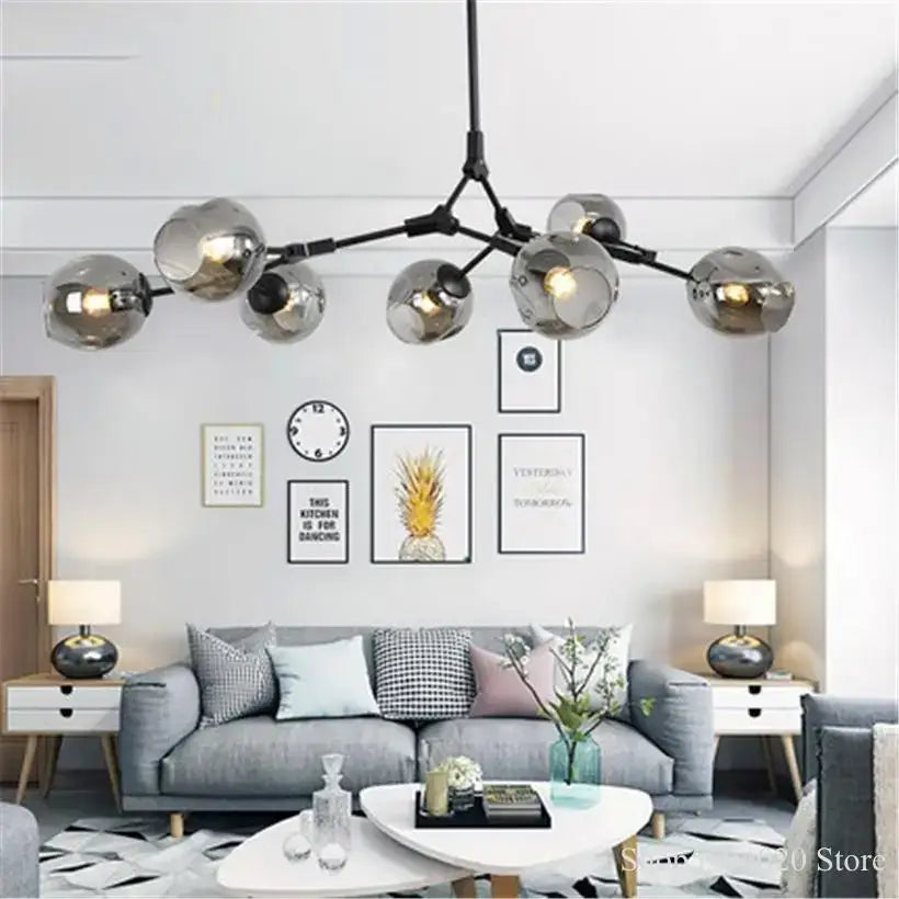 Modern chrome-finished spherical pendant light with black central arm in decorbites glass black gold pendant chandelier