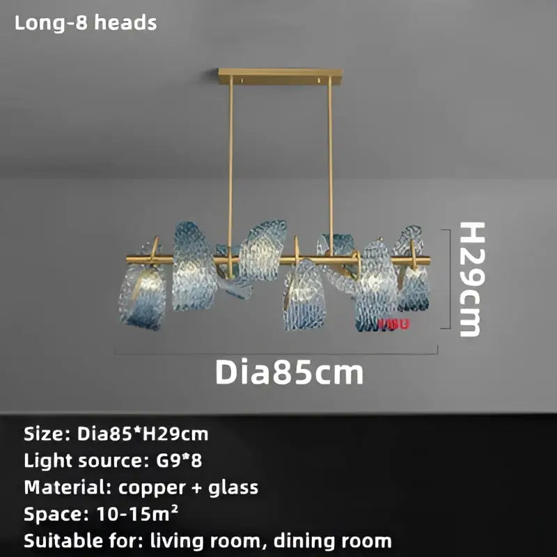 Gold-toned modern pendant lamps with eight translucent blue glass led shades on copper arms for bedroom decorbites blue glass lighting