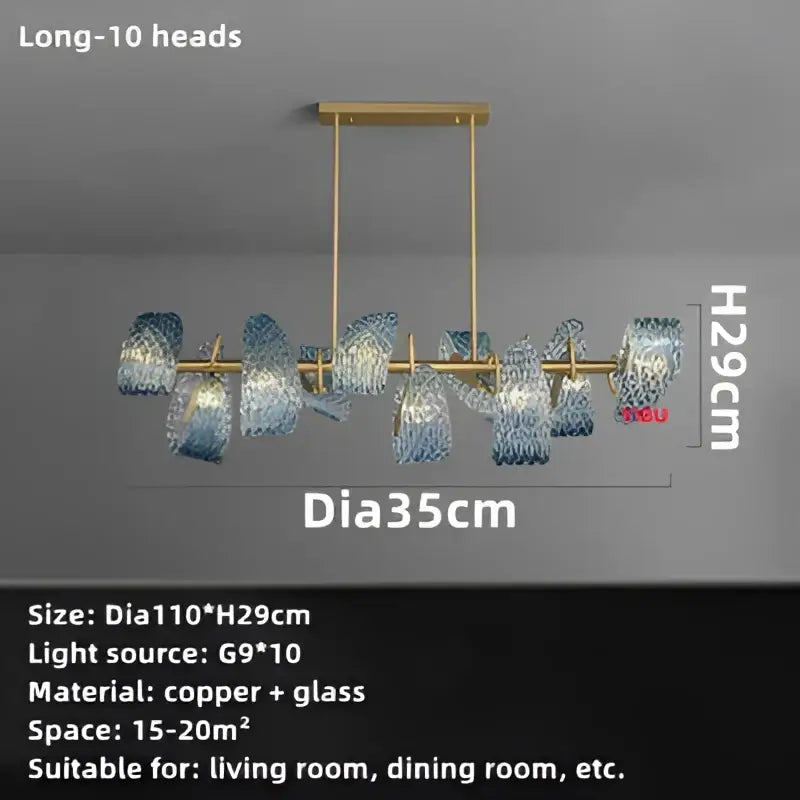 Modern blue glass led pendant lamps featuring ten blue-tinted glass shades on a gold-toned copper frame by decorbites
