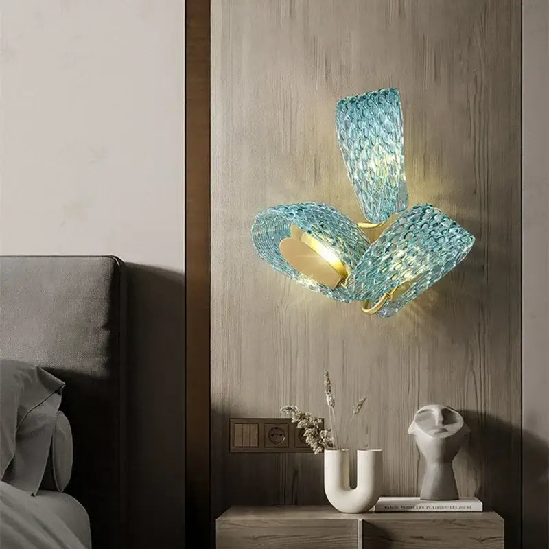 Modern blue glass led pendant lamps with three translucent woven shades and gold-toned metal accents for bedroom decorbites lighting