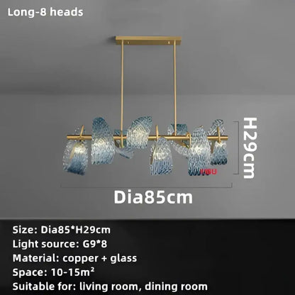 Gold-toned pendant lamps with eight translucent blue glass led shades and copper arms for modern dining room decorbites blue glass