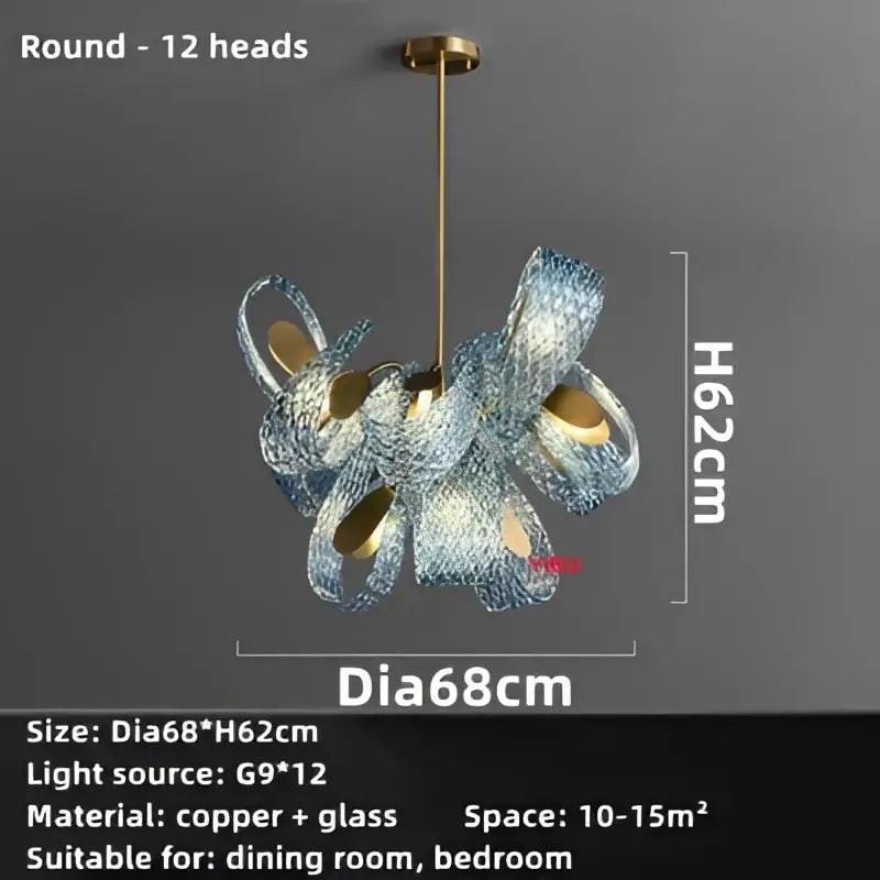 Modern blue glass led pendant lamp with 12 round light heads copper frame and decorbites blue glass accents for dining room
