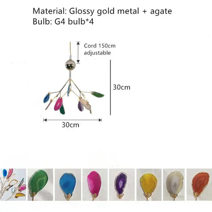 Glossy gold metal decorbites agate chandelier with four colorful agate pendant bulbs for dining room led lighting