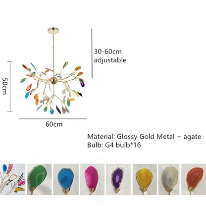 Modern blue and green decorbites agate chandelier with glossy gold metal arms and colorful led lighting for dining room decor