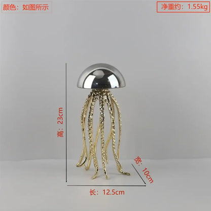 Shiny metallic decorbites crystal jellyfish sculpture with reflective dome head and textured golden tentacles for living room decor