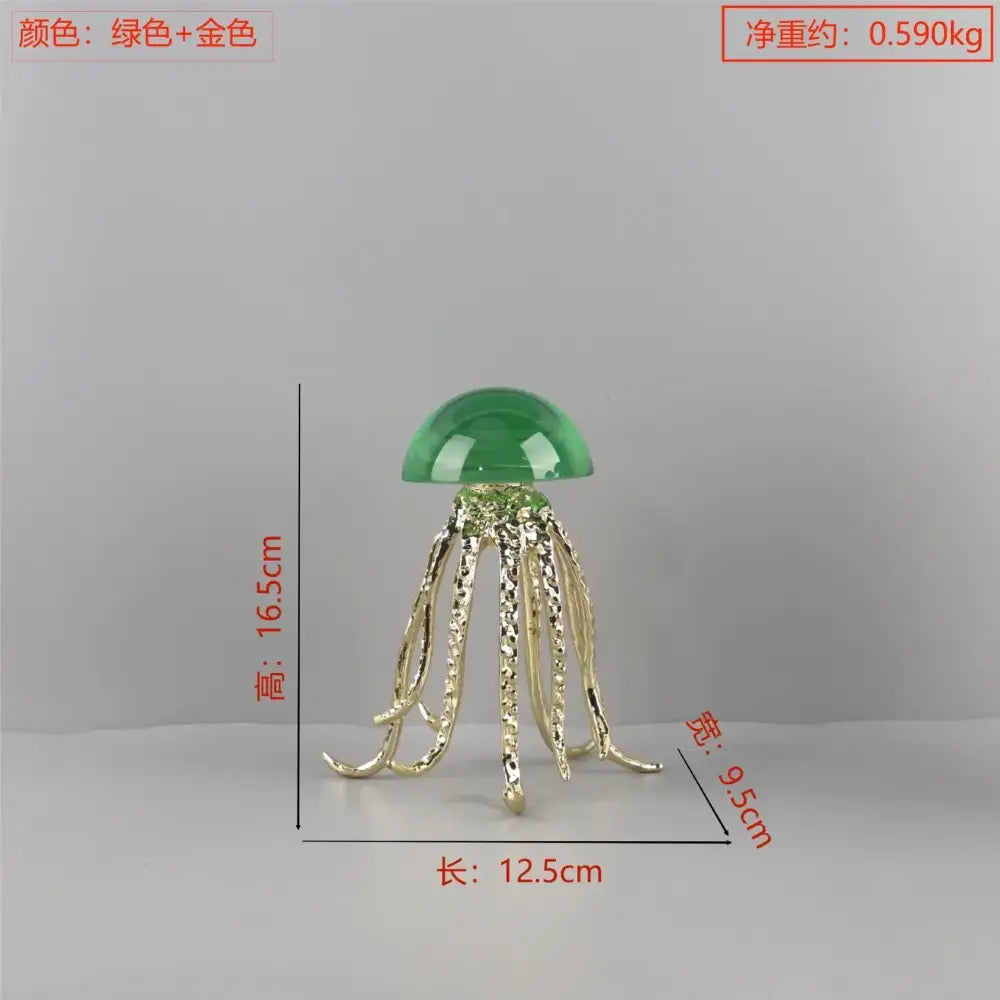 A decorbites crystal jellyfish sculpture with a translucent green dome and gold-toned textured tentacles for living room decor