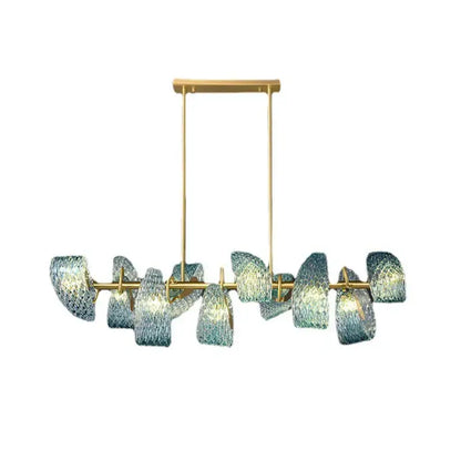 Modern blue and green decorbites glass chandelier with gold-toned frame and iridescent teal shades for dining room light