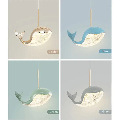 A modern decorbites dolphin chandelier pendant light with textured body in golden blue green and gray finishes