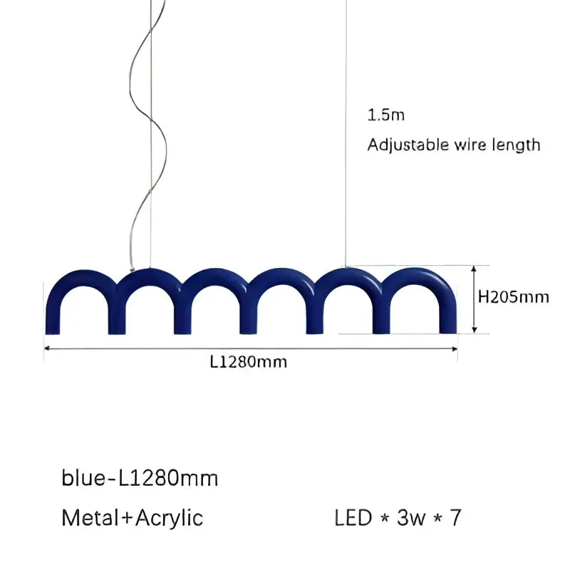 Modern blue metal arch chandelier kitchen pendant light with seven 3-watt led bulbs in a wavy metal arch design