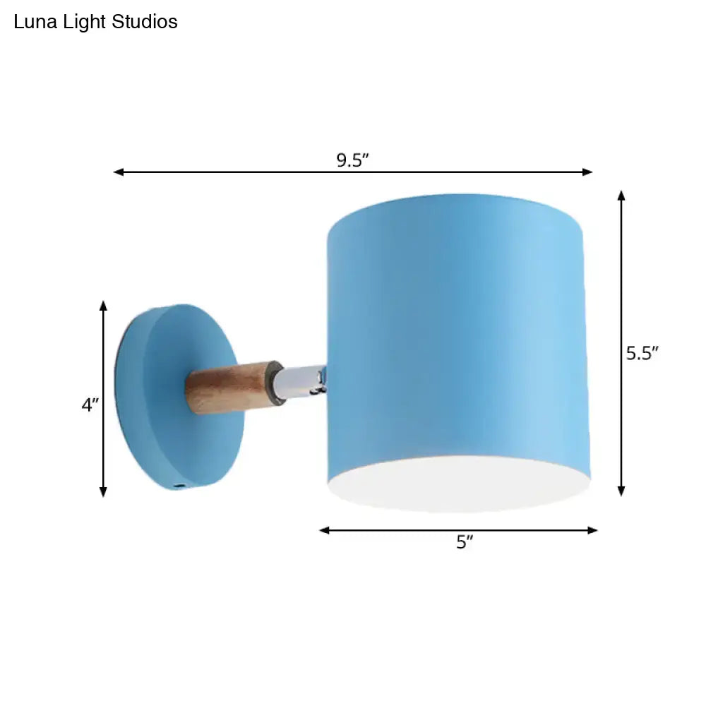 Modern blue metal tubular wall lamp with wooden arm and light blue cylindrical sconce light inch fixture for bedroom