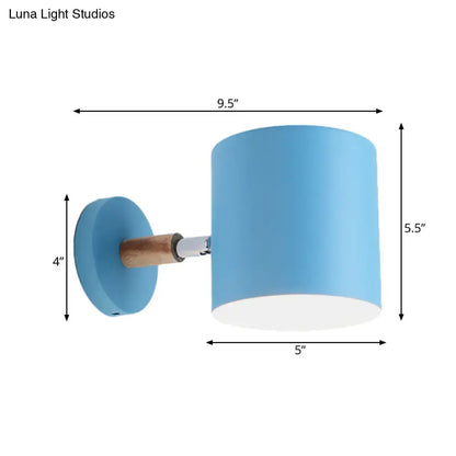 Modern blue metal tubular wall lamp with wooden arm and light blue cylindrical sconce light inch fixture for bedroom