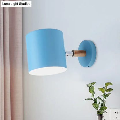 Modern blue metal tubular wall lamp with wooden arm sconce light ideal for bedroom inch fixture design