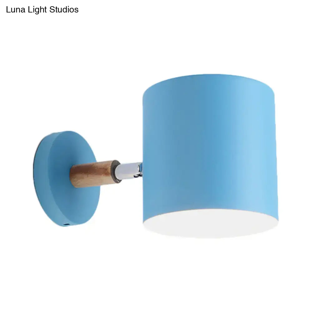 Modern blue metal tubular wall lamp with wooden arm and metallic hardware inch fixture sconce light for bedroom