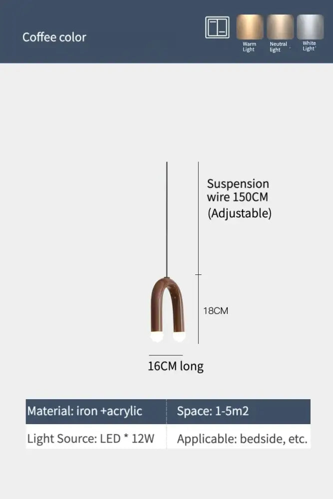 Coffee-colored u-shaped pendant light with iron and acrylic construction showcasing modern design for dining room use