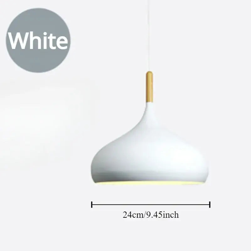 White teardrop pendant light with wood accent helps create a modern blue and pink kitchen ambiance