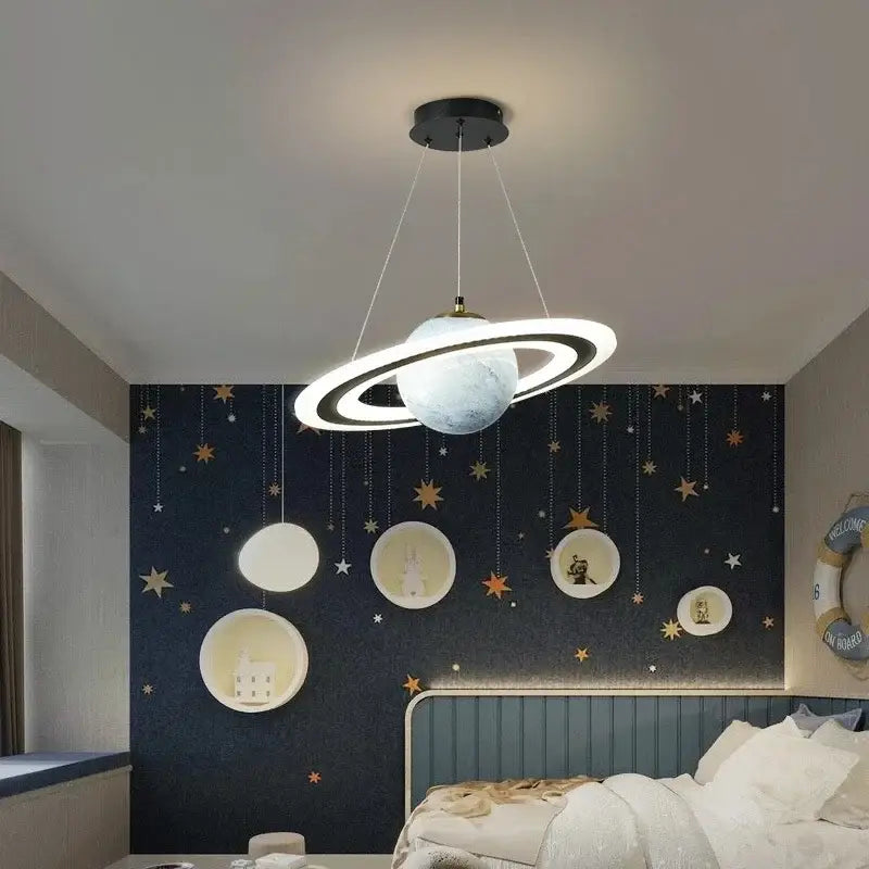 Modern blue planet pendant light with rings featuring decorbites acrylic textured sphere for bedroom decor