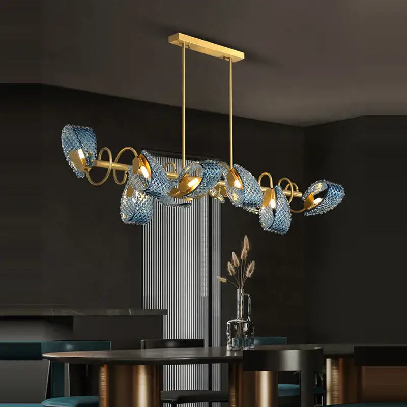 Modern blue queen crystal glass chandelier with blue glass and gold toned metal spiral arms for living room decorbites blue queen