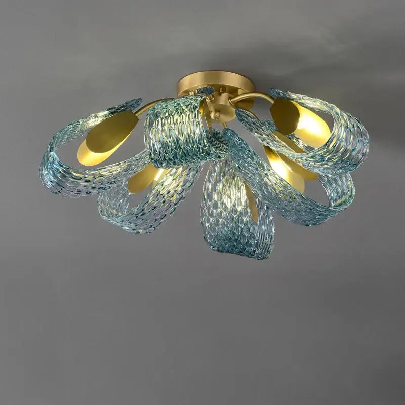 Modern blue queen crystal glass petal chandelier with gold metal base and woven blue glass shades for bedroom decorbites blue queen