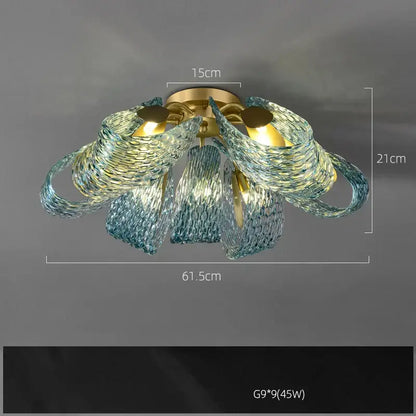 Modern blue queen crystal glass petal chandelier with gold base and blue-green textured shades for bedroom decorbites blue queen
