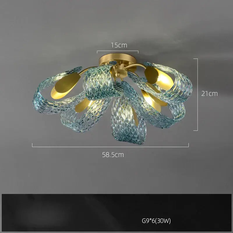 Modern blue queen crystal glass petal chandelier with gold base and translucent blue petals for bedroom decorbites blue queen