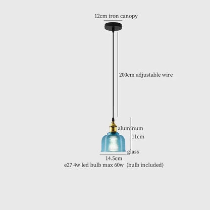 Modern blue glass led hanging lamp with aluminum frame and black iron canopy for colorful glass led decorbites decor