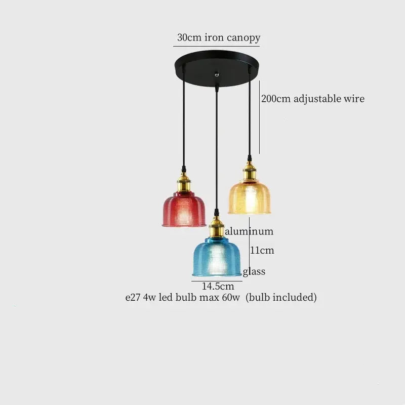 Set of three colorful glass led pendant lights in blue red and gold with brass accents for dining room decorbites colorful glass