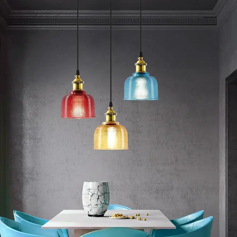 Modern blue red and gold glass led hanging lamp with brass fixtures and textured shades for dining room decorbites colorful glass