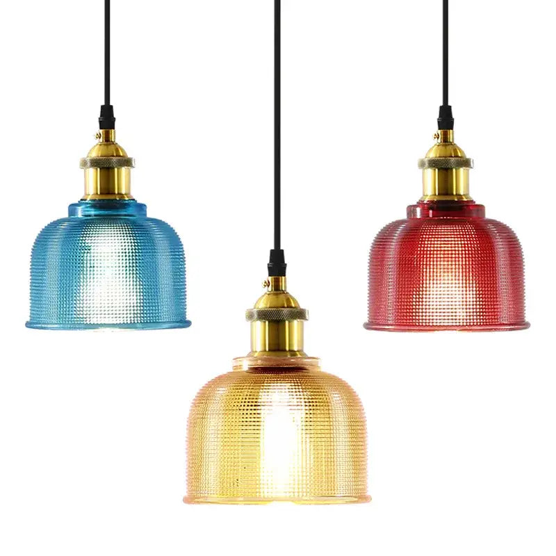 Three pendant glass led hanging lamps in blue red and gold with brass fixtures for modern dining room decorbites colorful glass