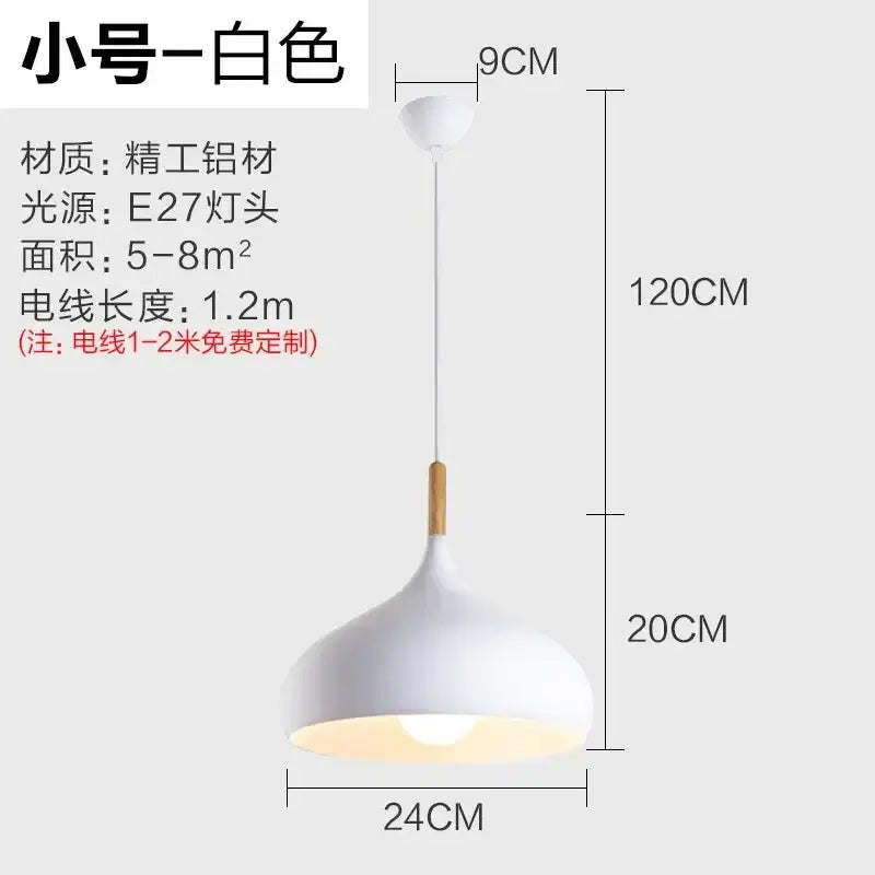 Modern white pendant light with wooden accent and stainless steel construction for bedroom use