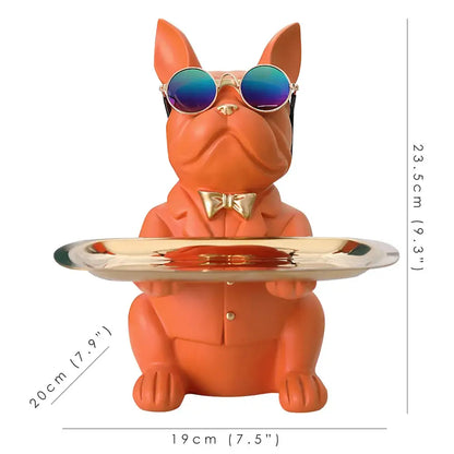 Modern blue and teal decorbites bulldog storage tray coin bank featuring an orange french bulldog figurine with sunglasses and bow tie