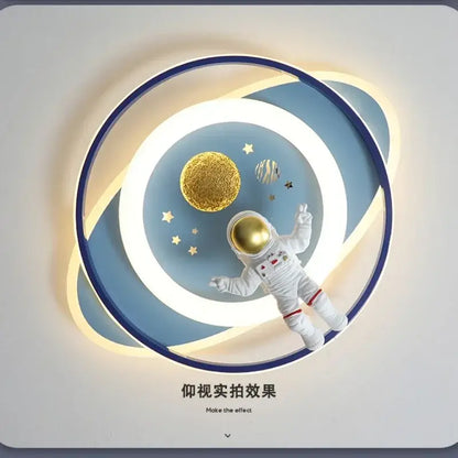 A modern blue and white airplane ceiling light decorbites astronaut spaceman features a white astronaut with gold helmet