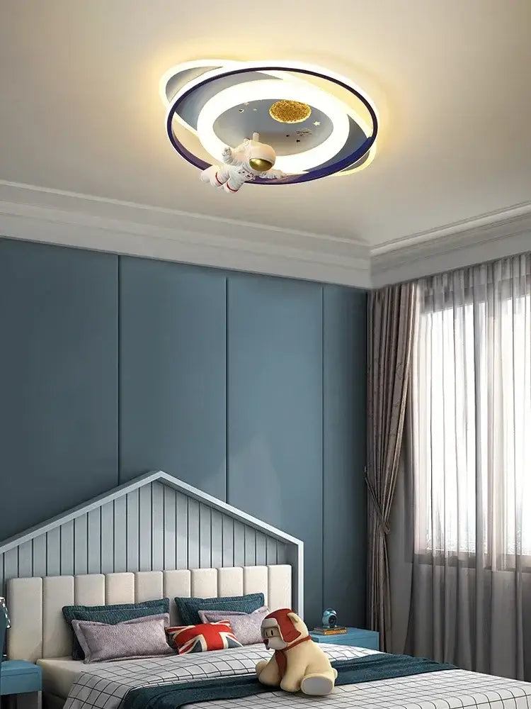 Modern blue and white airplane ceiling light with astronaut spaceman and glowing rings for bedroom decorbites decor