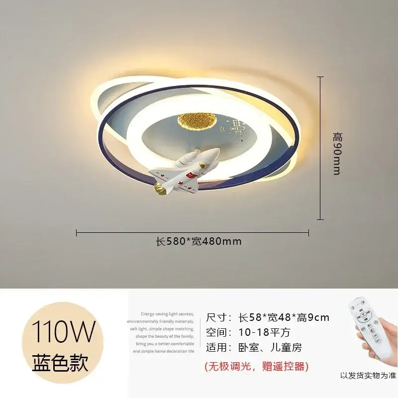 Modern blue and white ceiling light with gold space-themed rings and decorbites astronaut spaceman for bedroom decor