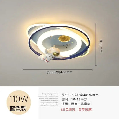 Modern blue and white ceiling light with decorbites astronaut spaceman floating in concentric gold and blue rings