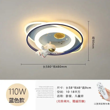 Modern blue and white ceiling light with decorbites astronaut spaceman and gold blue rings for bedroom decor