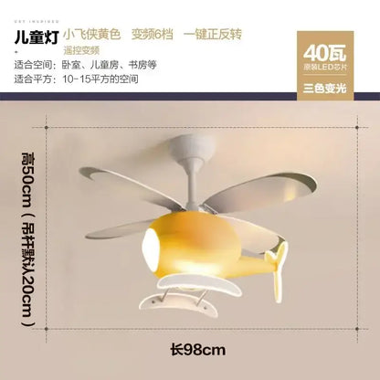 Yellow airplane-shaped ceiling fan with white propellers featuring 40w led light chandelier for bedroom use