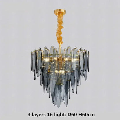 Elegant three-tiered pendant lights with layered gray glass leaves and decorbites gold metal chain suspension