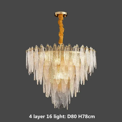 Multi-tiered pendant lights with clear glass leaf shades and decorbites gold metal chain for modern living room decor