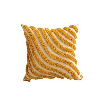 A cozy square cushion cover with bold textured golden yellow geometric stripes in plush fabric for living room decorbites