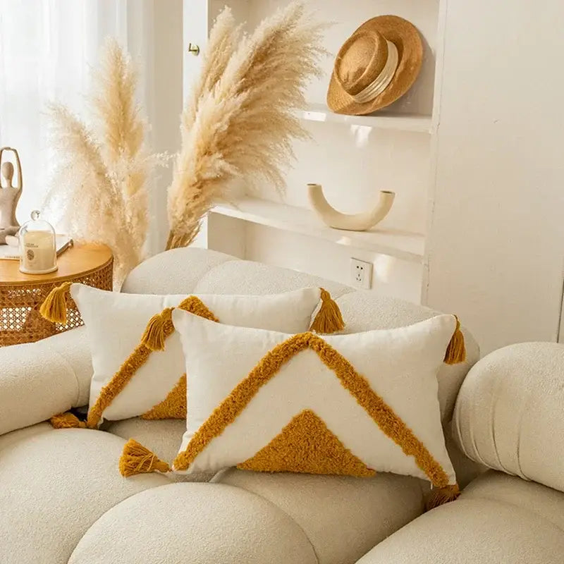 White rectangular cushion cover with mustard yellow geometric tufted tassel pattern for modern boho living room decorbites