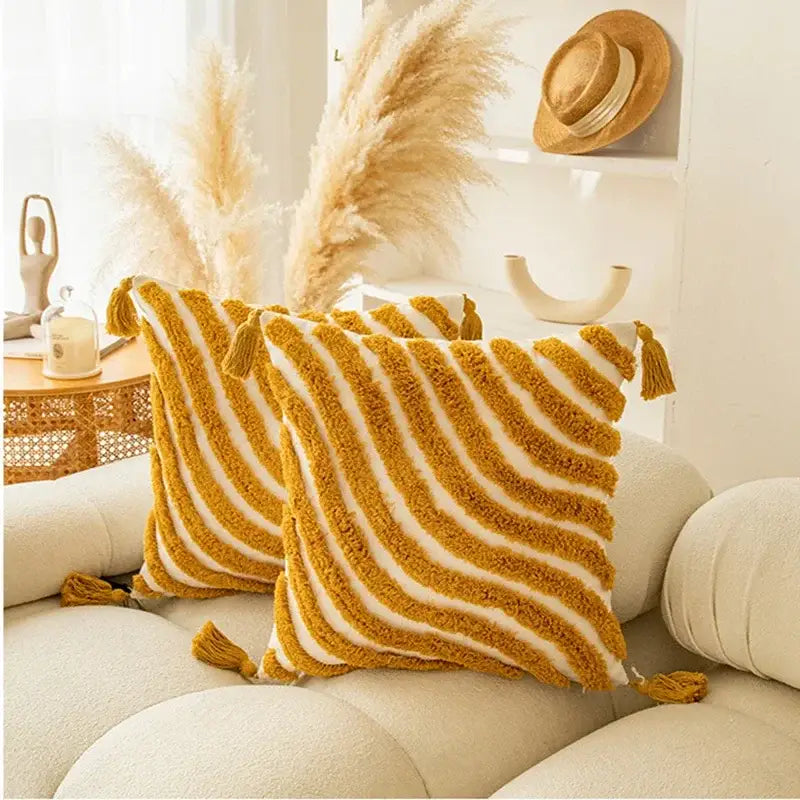 Mustard yellow and cream striped geometric tufted tassel cushion cover for modern boho living room decorbites decor