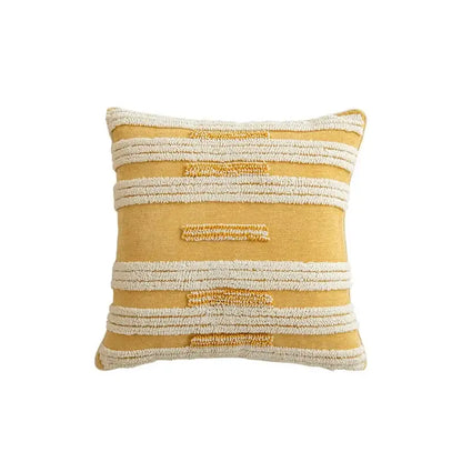A mustard-yellow square cushion cover with cream and darker yellow geometric tufted tassel stripes for living room decorbites