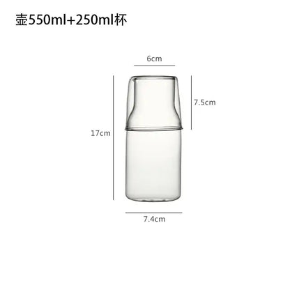 Modern borosilicate glass drinkware set with clear glass pitcher and matching 250ml cup for portable hydration
