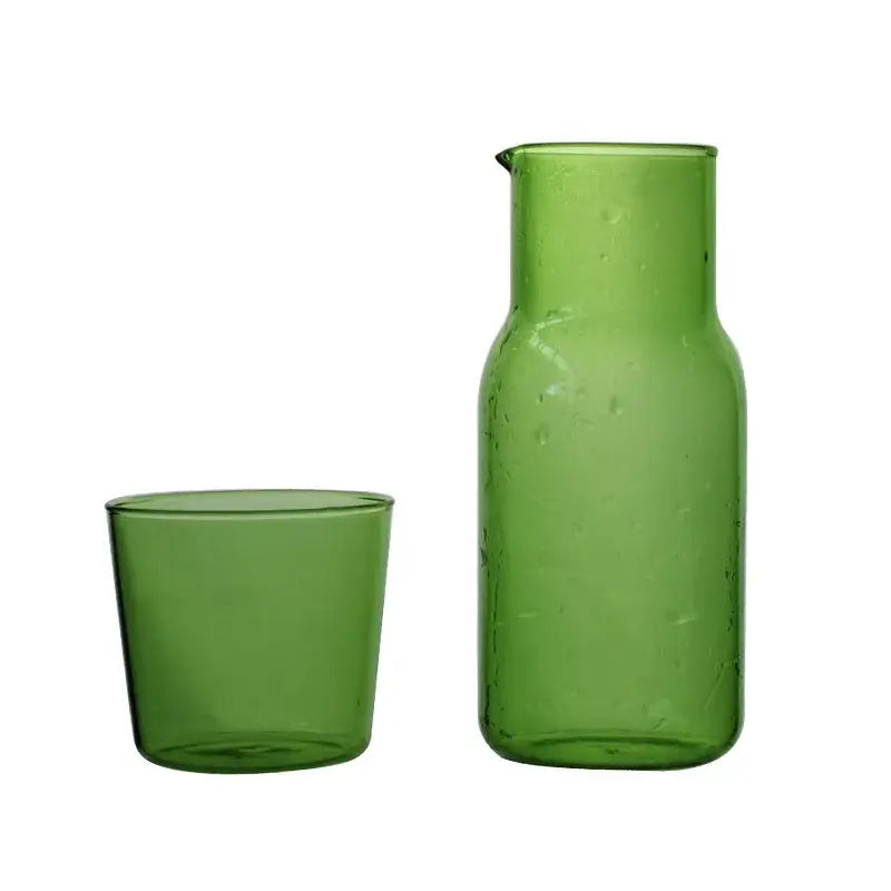 Green glass borosilicate glass tea pot with spout and matching tumbler for kitchen fruit infuser use