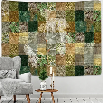 Modern decorbites botanical wildflower tapestry with white line-art ginkgo tree on textured green brown gold squares