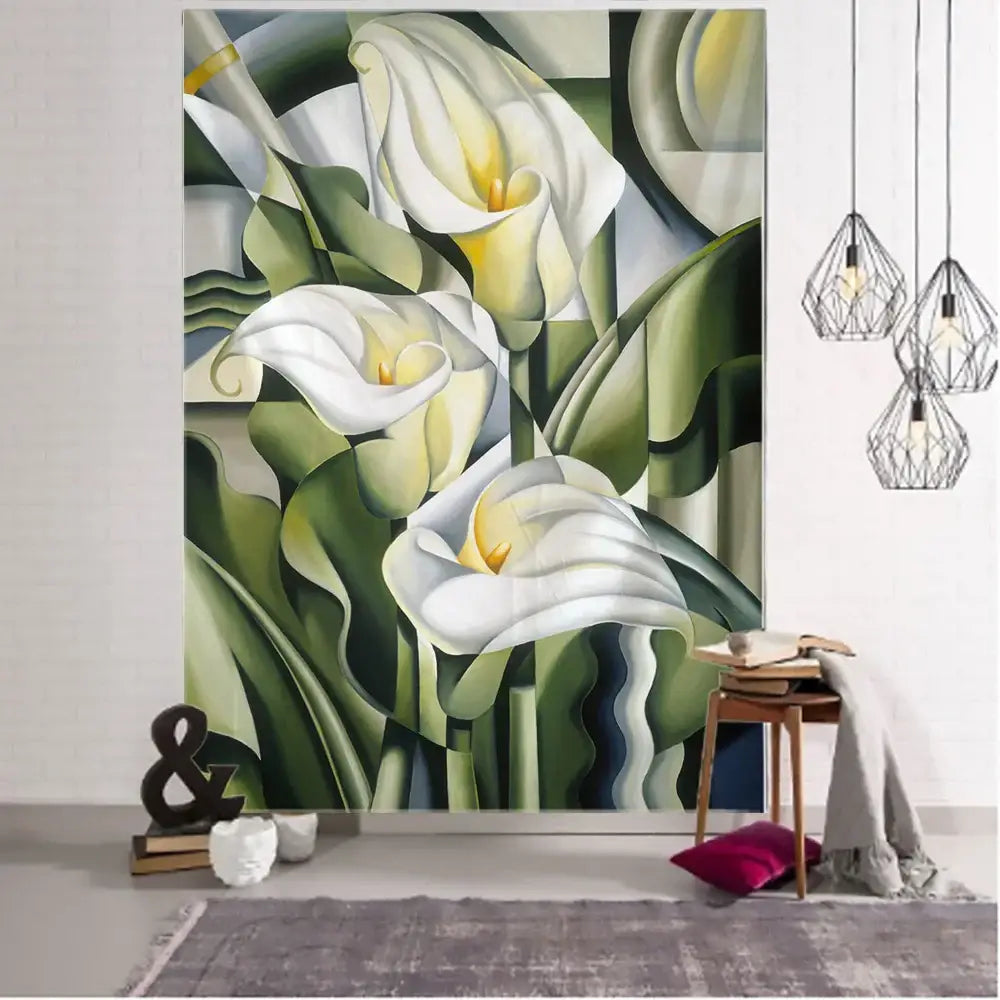 A modern botanical wildflower tapestry featuring stylized white calla lilies and layered green leaves by decorbites