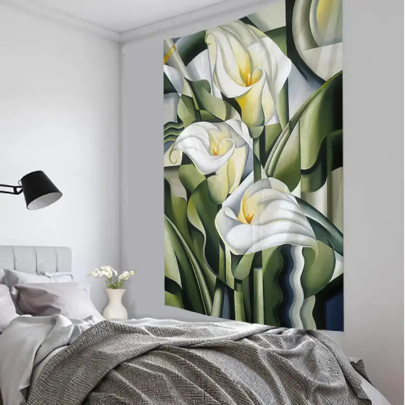Modern botanical wildflower tapestry with stylized white calla lilies yellow centers and green leaves for decorbites botanical decor