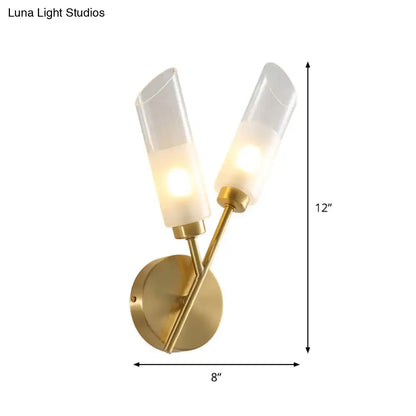 Modern brass 2-light wall sconce with gold-toned metal and frosted glass shades for 110v-120v or 220v-240v use