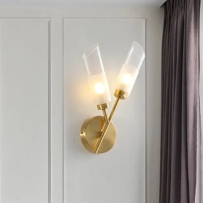 Modern brass 2-light glass wall sconce in gold tone with frosted shades suitable for 110v-120v and 220v-240v use